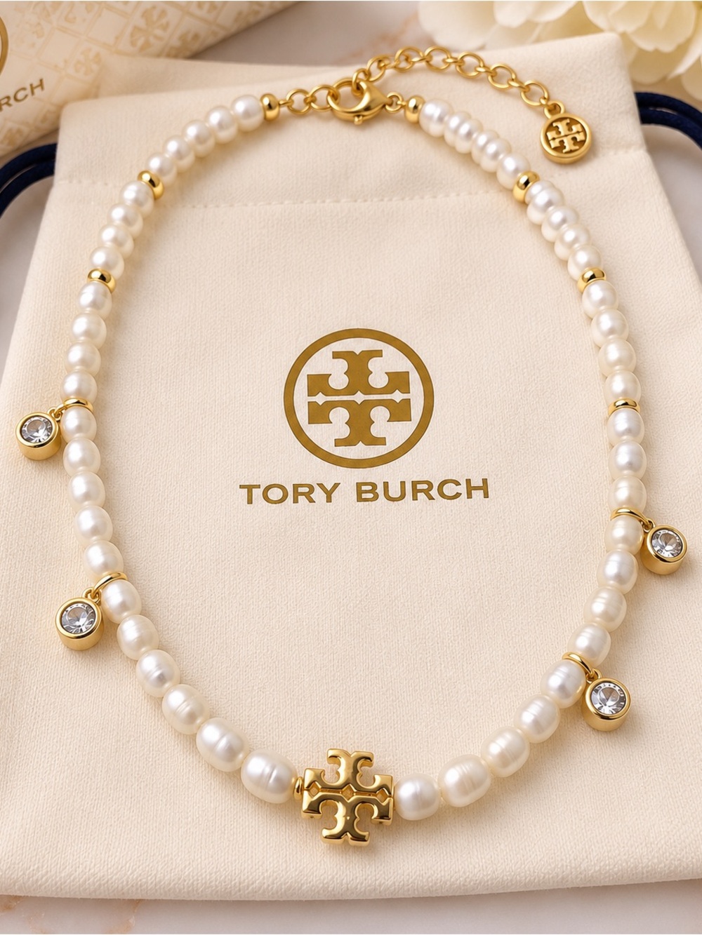 Tory Burch Pearl Strand Necklace with Gold Logo and Crystal Charms